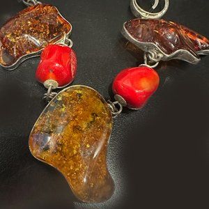 3 Gorgeous yellow honey & egg yolk amber pieces necklace w/yellow and red stones